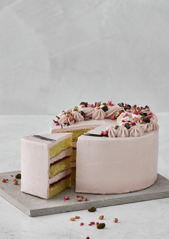 Dessertkage med pistacie, hindbær og nougatcreme